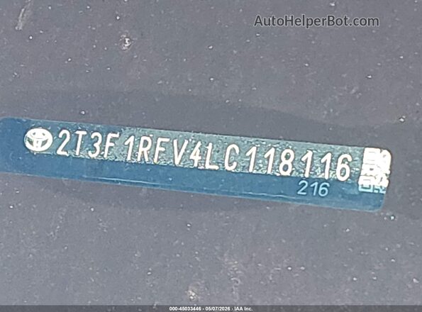 2T3F1RFV4LC118116 2020 TOYOTA LE Black 