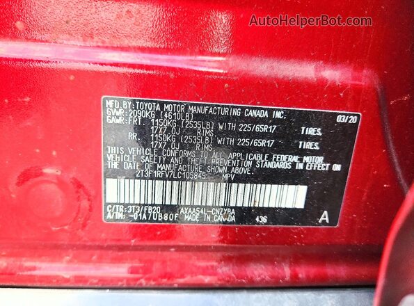 2T3F1RFV7LC105845 2020 TOYOTA LE Red Սալոնի 360 աստիճան տեսք