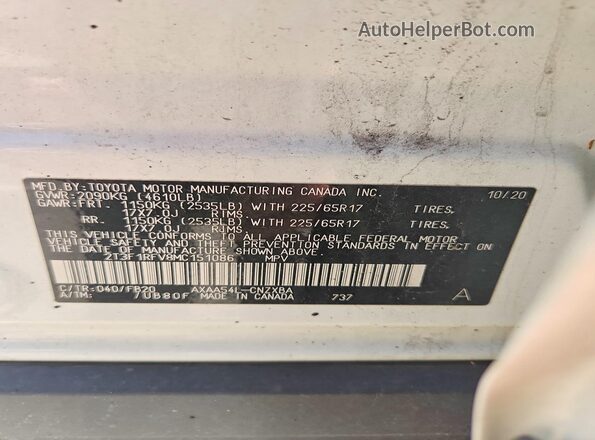 2T3F1RFV8MC151086 2021 TOYOTA RAV4 White Vista de la etiqueta del VIN
