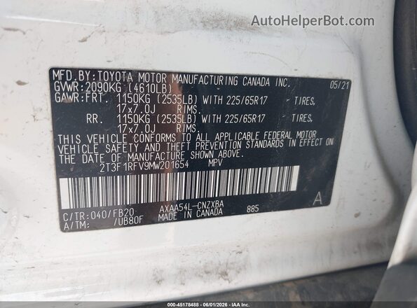 2T3F1RFV9MW201654 2021 TOYOTA RAV4 White Շարժիչի բաժամունքի տեսք