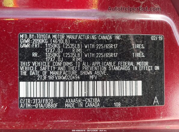 2T3F1RFVXKW020494 2019 TOYOTA LE Maroon Շարժիչի բաժամունքի տեսք