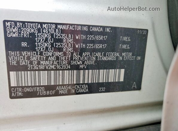 2T3G1RFV2MC163934 2021 TOYOTA LE White Vista del compartimento del motor