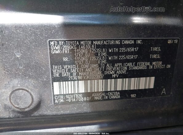 2T3G1RFV3KC023937 2019 TOYOTA LE Gray ძრავის განყოფილების ხედი