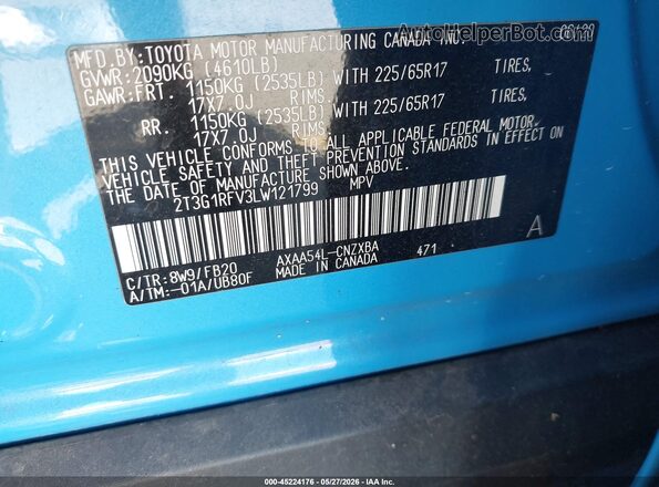 2T3G1RFV3LW121799 2020 TOYOTA RAV4 Blue Engine compartment view