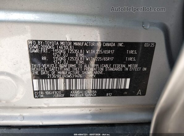 2T3G1RFV4SW531476 2025 TOYOTA LE Silver ძრავის განყოფილების ხედი