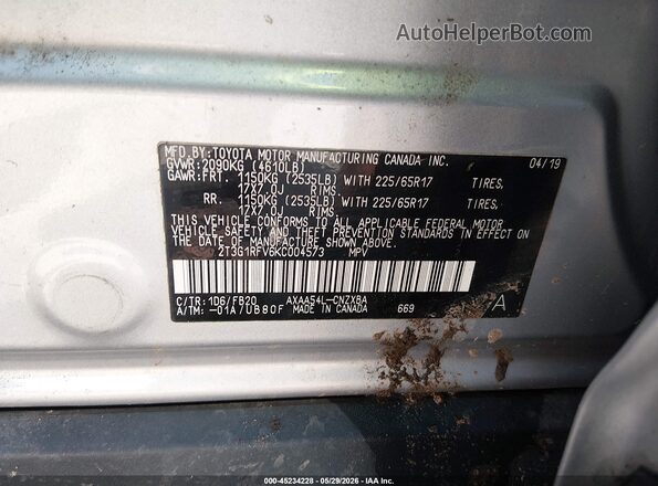 2T3G1RFV6KC004573 2019 TOYOTA RAV4 Gray ძრავის განყოფილების ხედი