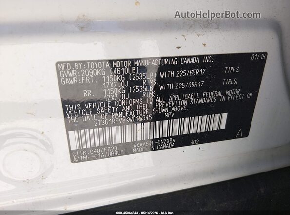 2T3G1RFV8KW015945 2019 TOYOTA LE White Widok komory silnika