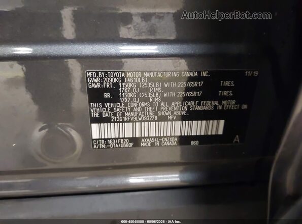 2T3G1RFV9LW093278 2020 TOYOTA LE Gray 