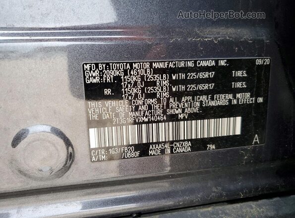 2T3G1RFVXMW140464 2021 TOYOTA RAV4 Gray Widok naklejki z numerem VIN