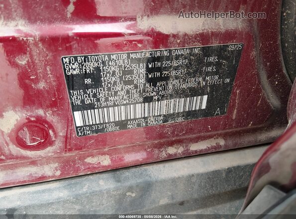 2T3H1RFV0SW425708 2025 TOYOTA LE Burgundy Vista del compartimento del motor