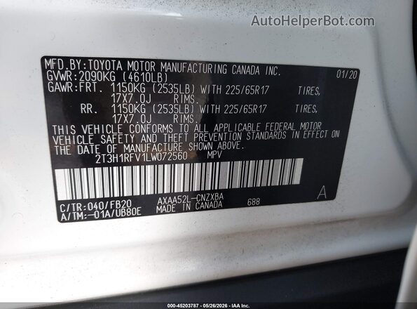 2T3H1RFV1LW072560 2020 TOYOTA RAV4 White ძრავის განყოფილების ხედი