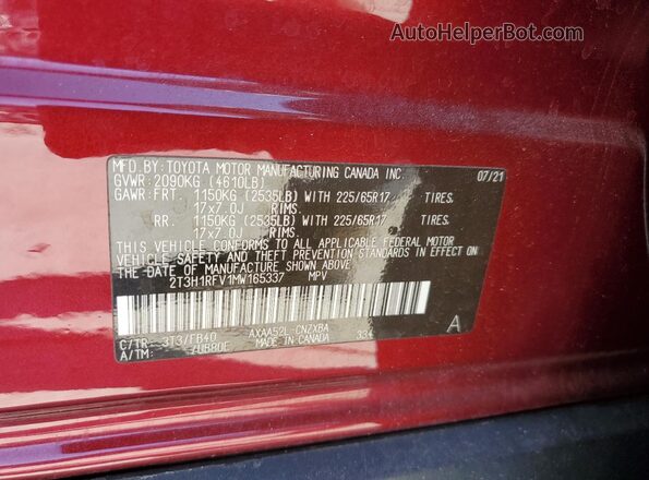 2T3H1RFV1MW165337 2021 TOYOTA RAV4 Burgundy Vista interior de 360 grados