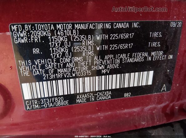 2T3H1RFV2LW103315 2020 TOYOTA LE Burgundy Vista del compartimento del motor