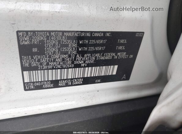 2T3H1RFV2NC182649 2022 TOYOTA RAV4 White Вид підкапотного простору