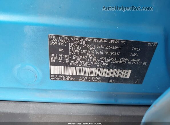 2T3H1RFV3LW100472 2020 TOYOTA LE Light Blue Vista del compartimento del motor