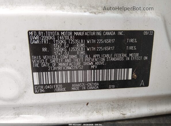 2T3H1RFV3NW229752 2022 TOYOTA RAV4 White Շարժիչի բաժամունքի տեսք