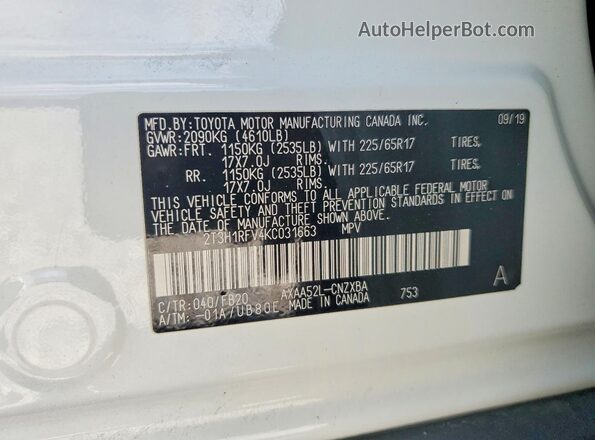 2T3H1RFV4KC031663 2019 TOYOTA LE White VIN կոդի պիտակի տեսք