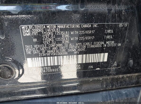 2T3H1RFV5KC006996 2019 TOYOTA RAV4 Black Շարժիչի բաժամունքի տեսք