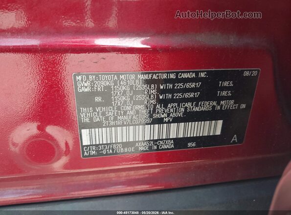 2T3H1RFV7LC079997 2020 TOYOTA RAV4 Red 
