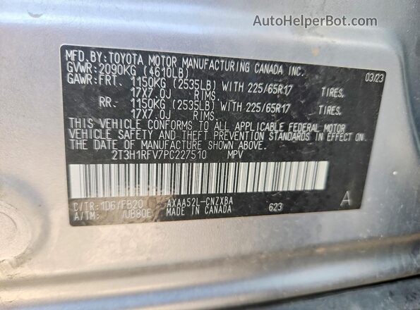 2T3H1RFV7PC227510 2023 TOYOTA LE Silver VIN კოდის სტიკერის ხედი