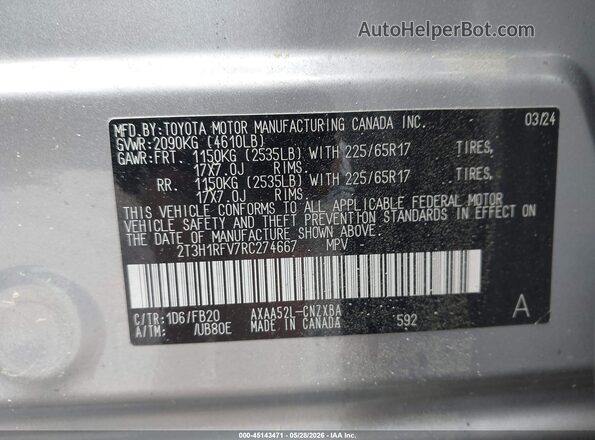 2T3H1RFV7RC274667 2024 TOYOTA RAV4 Silver Вид підкапотного простору