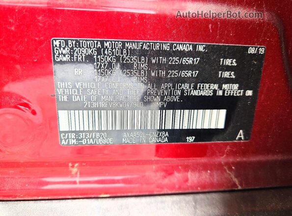 2T3H1RFV8KW047900 2019 TOYOTA RAV4 Red 