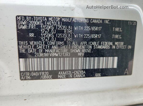2T3H1RFV8MW121383 2021 TOYOTA LE White 