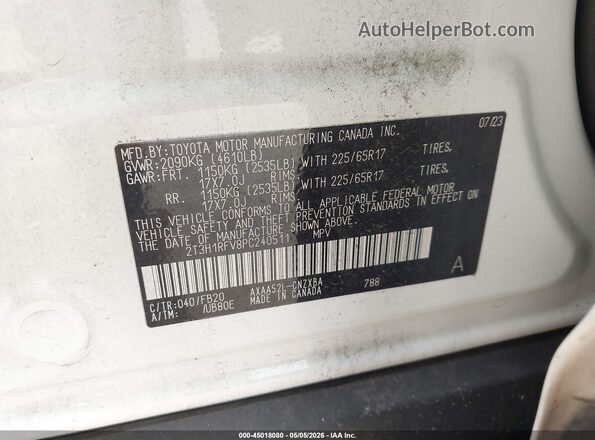 2T3H1RFV8PC240511 2023 TOYOTA LE White Vista del compartimento del motor