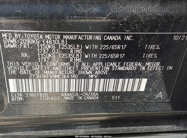 2T3H1RFV9MC164180 2021 TOYOTA RAV4 Black Շարժիչի բաժամունքի տեսք