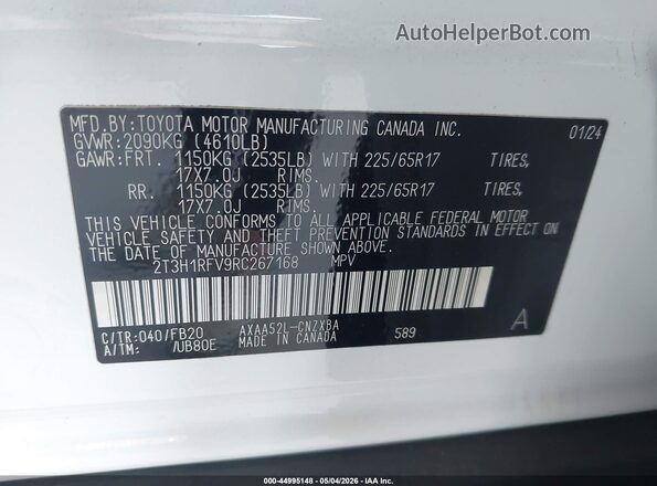2T3H1RFV9RC267168 2024 TOYOTA LE White Շարժիչի բաժամունքի տեսք