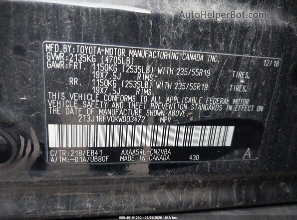 2T3J1RFV0KW003472 2019 TOYOTA RAV4 Black Widok komory silnika