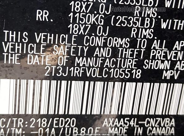2T3J1RFV0LC105518 2020 TOYOTA RAV4 Black Vista del compartimento del motor