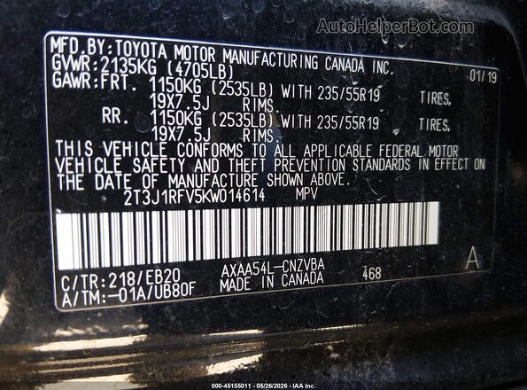 2T3J1RFV5KW014614 2019 TOYOTA RAV4 Black Вид підкапотного простору