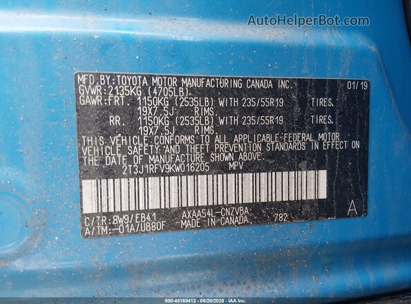 2T3J1RFV9KW016205 2019 TOYOTA RAV4 Blue Вид підкапотного простору