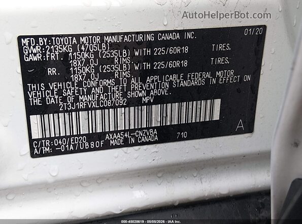 2T3J1RFVXLC087092 2020 TOYOTA RAV4 Белый Вид подкапотного пространства