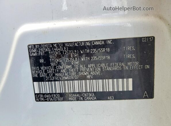 2T3JFREV2HW609707 2017 TOYOTA RAV4 White VIN կոդի պիտակի տեսք