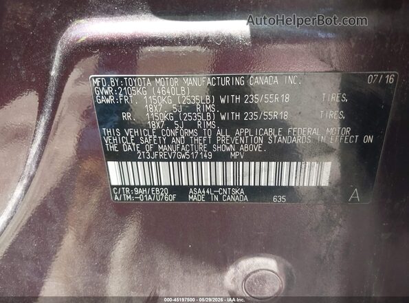 2T3JFREV7GW517149 2016 TOYOTA RAV4 Maroon Vista del compartimento del motor