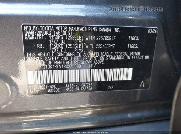 2T3K1RFV4RC275698 2024 TOYOTA LE Gray 