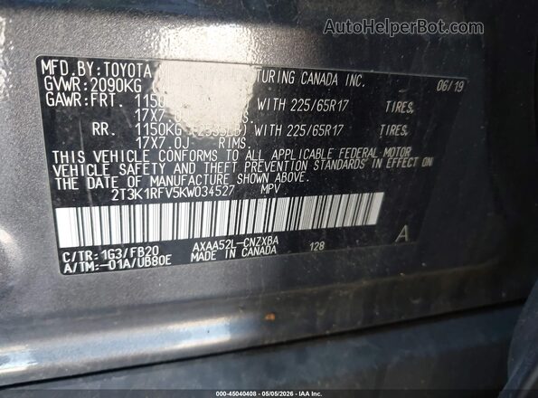2T3K1RFV5KW034527 2019 TOYOTA LE Gray Widok komory silnika
