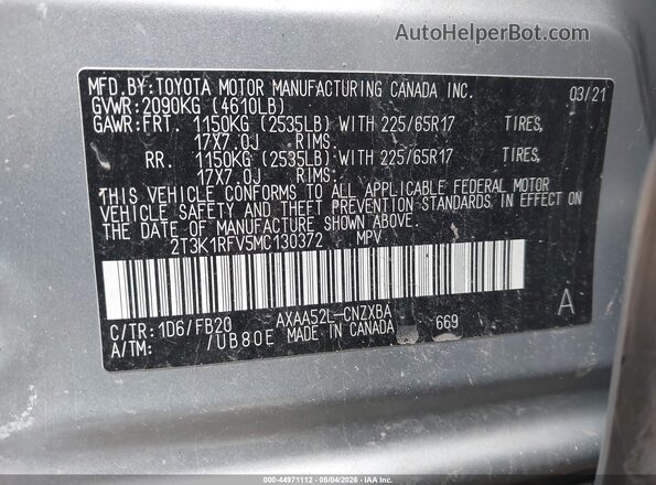 2T3K1RFV5MC130372 2021 TOYOTA LE Silver Շարժիչի բաժամունքի տեսք