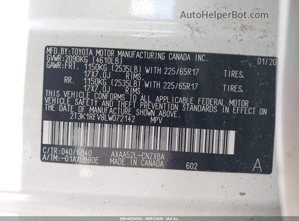 2T3K1RFV8LW072142 2020 TOYOTA RAV4 White Vista del compartimento del motor