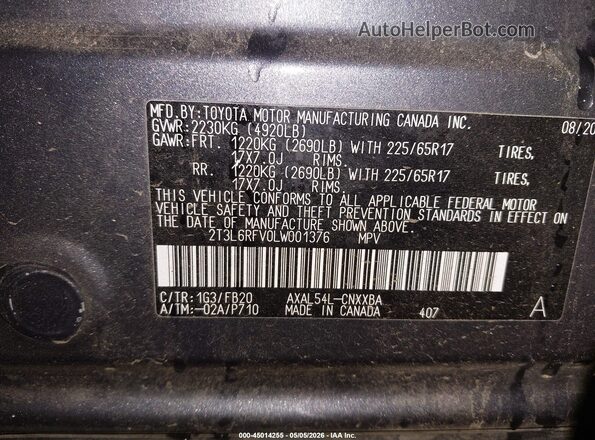 2T3L6RFV0LW001376 2020 TOYOTA LE Black ძრავის განყოფილების ხედი