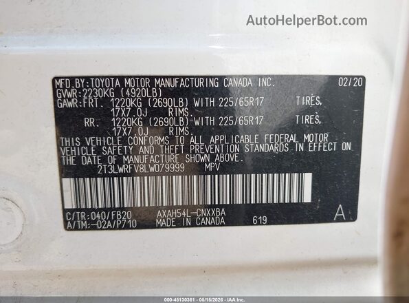 2T3LWRFV8LW079999 2020 TOYOTA RAV4 HYBRID White Vista del compartimento del motor