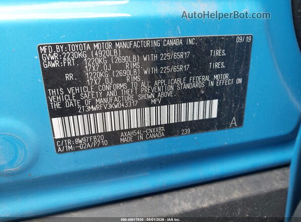 2T3MWRFV3KW043317 2019 TOYOTA LE Blue ძრავის განყოფილების ხედი