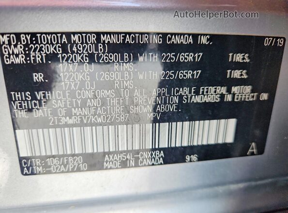 2T3MWRFV7KW027587 2019 TOYOTA RAV4 Silver 