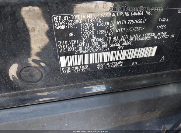 2T3MWRFV7LW052524 2020 TOYOTA LE Black Vista del compartimento del motor