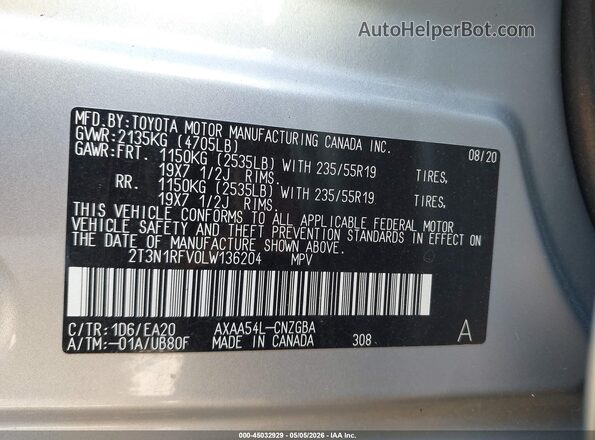 2T3N1RFV0LW136204 2020 TOYOTA LIMITED Серебряный Вид подкапотного пространства