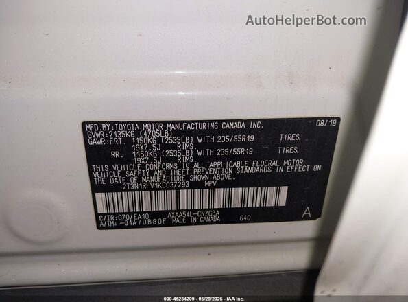 2T3N1RFV1KC037293 2019 TOYOTA RAV4 White 