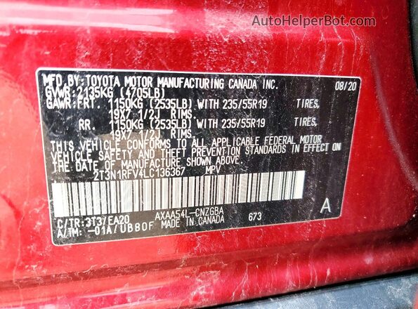 2T3N1RFV4LC136367 2020 TOYOTA RAV4 Red VIN կոդի պիտակի տեսք