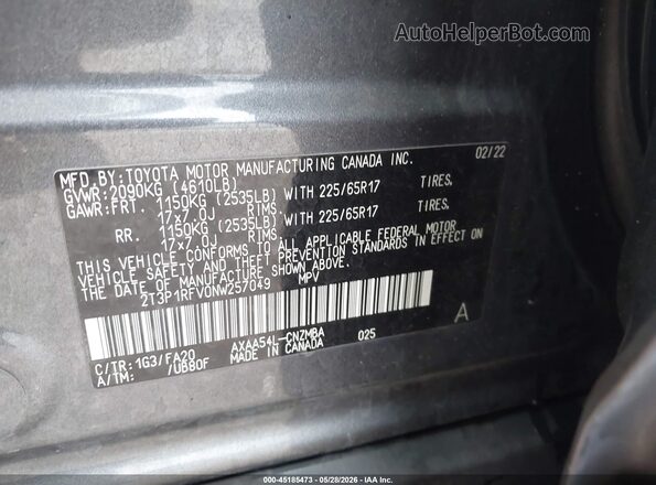 2T3P1RFV0NW257049 2022 TOYOTA RAV4 Gray Շարժիչի բաժամունքի տեսք